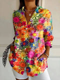 Blusa vintage de flores con solapa y manga larga · Rosa