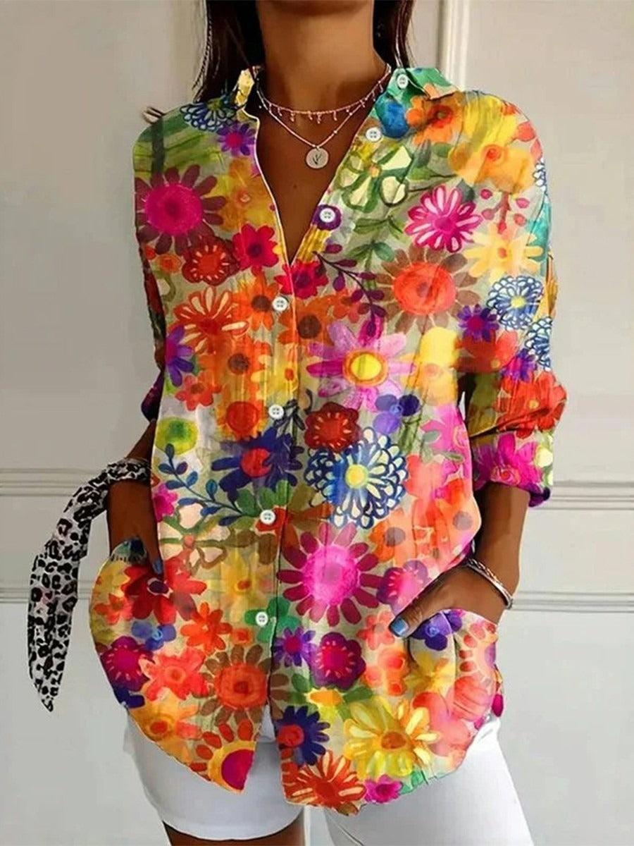 Blusa vintage de flores con solapa y manga larga · Rosa