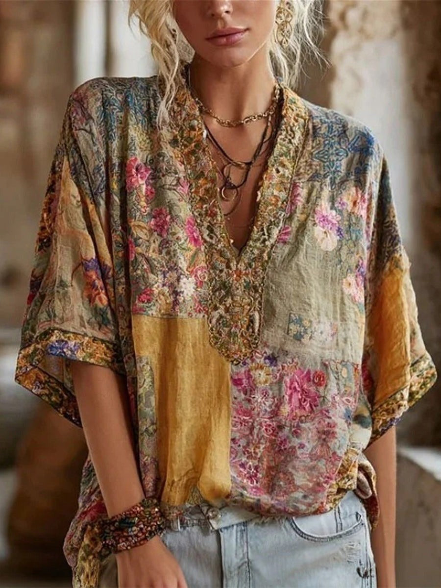 Blusa vintage holgada de flores con escote en pico y manga francesa
