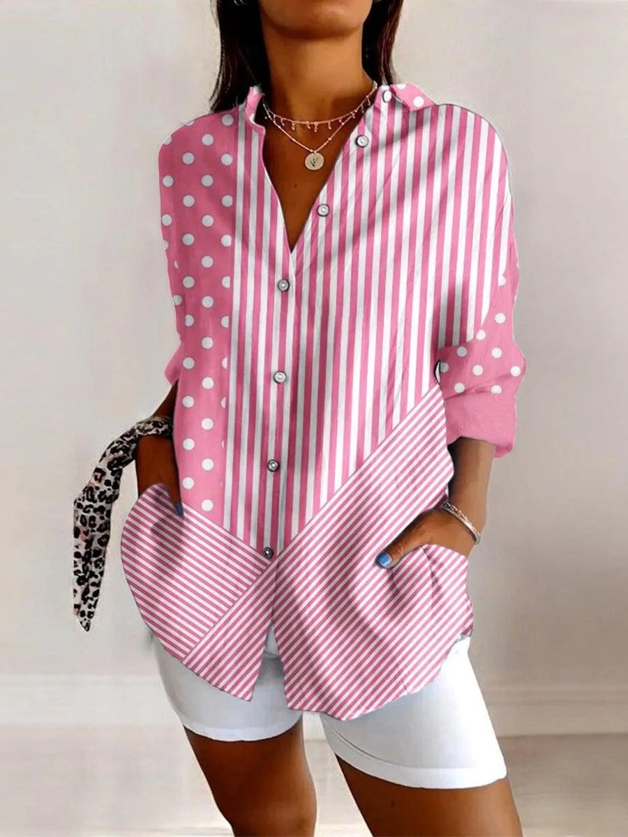 Camisa casual asimétrica de rayas rosa con cuello camisero y manga larga