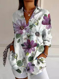Blusa casual de flores con solapa y manga larga
