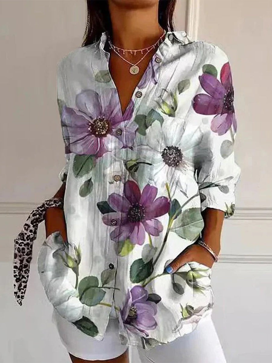 Blusa casual de flores con solapa y manga larga