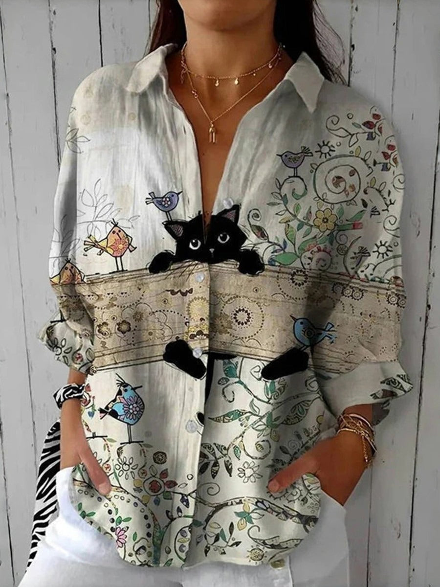 Blusa vintage de gatos con solapa
