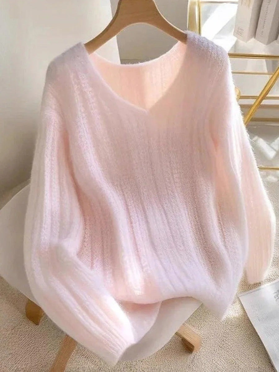 Jersey cómodo holgado liso rosa con escote en pico y manga larga