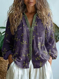 Blusa vintage holgada de hojas con escote en pico y manga larga