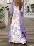 Vestido cómodo largo de flores morado con escote en pico y manga larga · Xia
