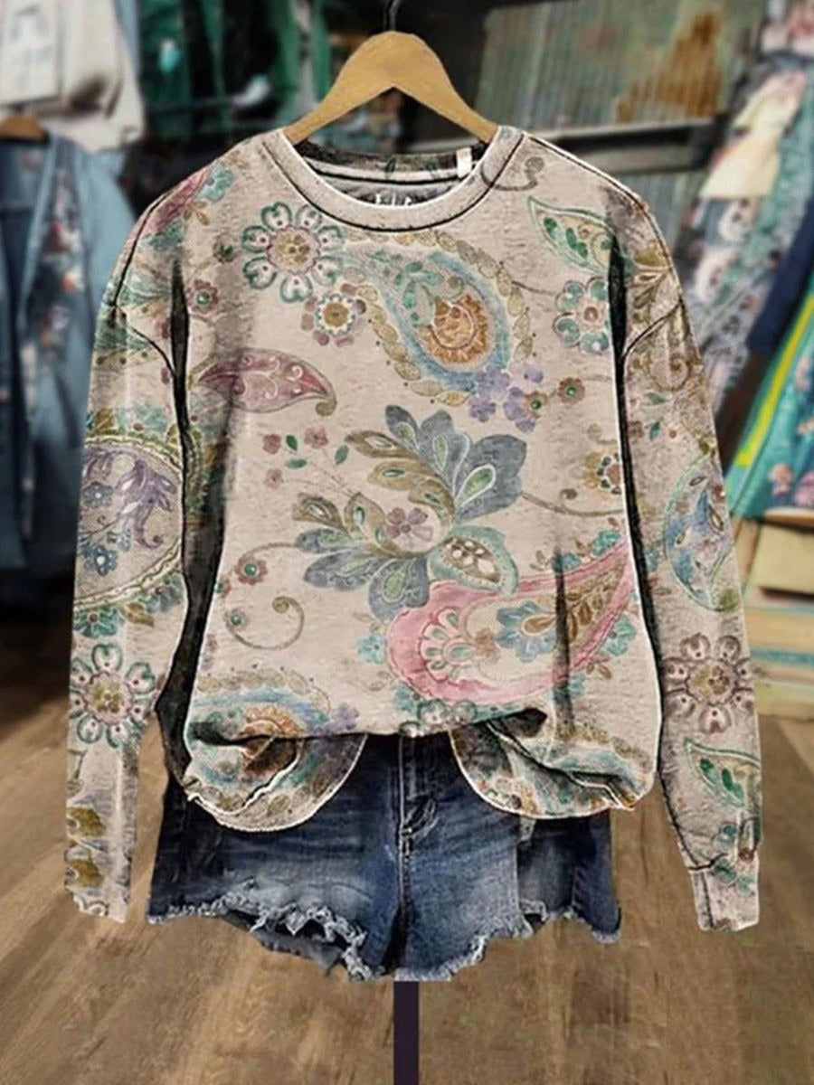 Sudadera vintage holgada de flores con cuello redondo y manga larga