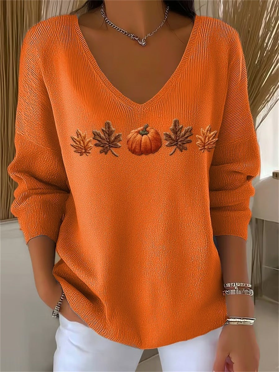 Sudadera casual de hojas con escote en pico y manga larga