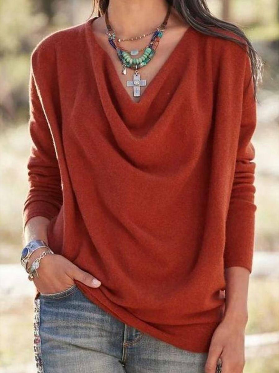 Blusa casual lisa con escote en pico y manga larga