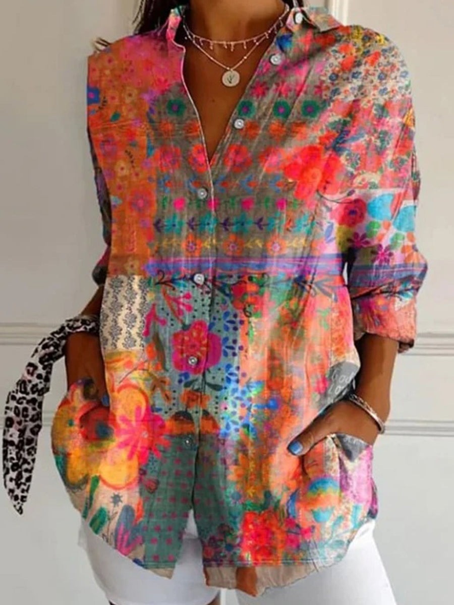 Blusa casual abstracta con solapa y manga larga