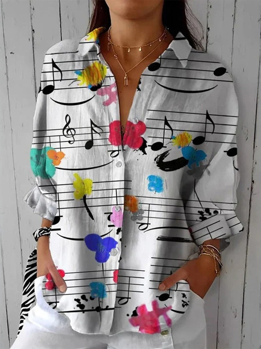 Blusa vintage estampada con escote en pico y manga larga