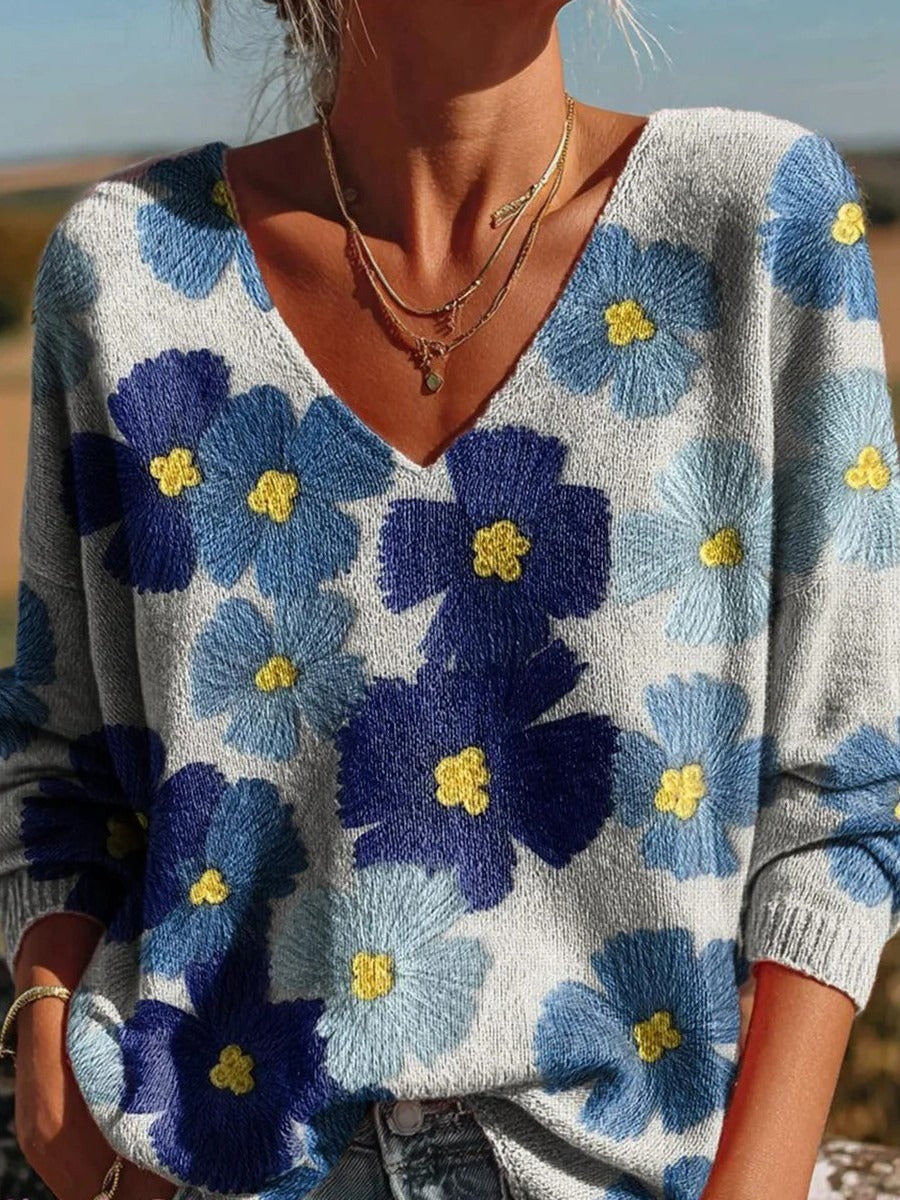 Jersey casual de flores con escote en pico y manga larga