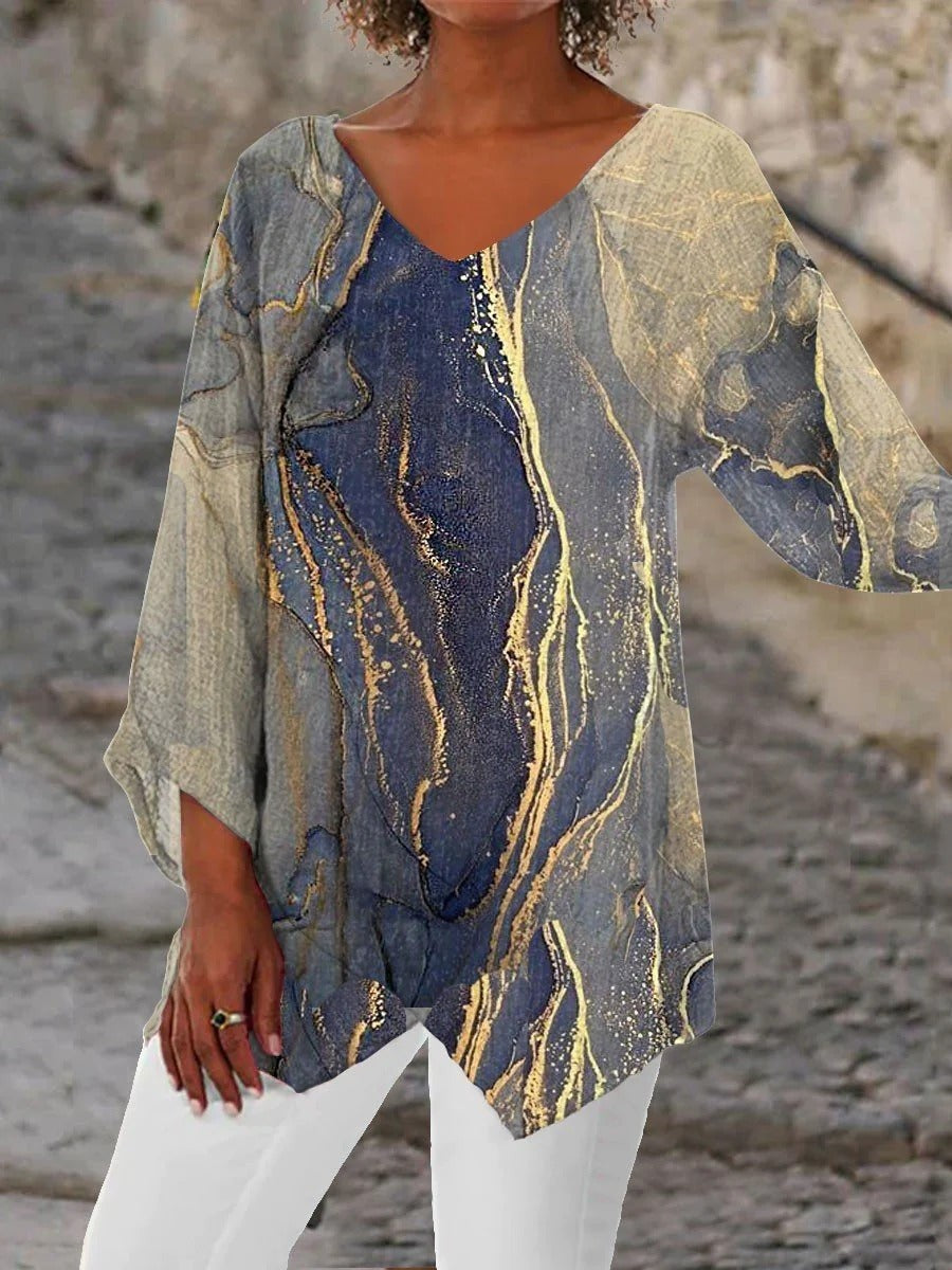 Blusa vintage efecto mármol con escote en pico y manga larga