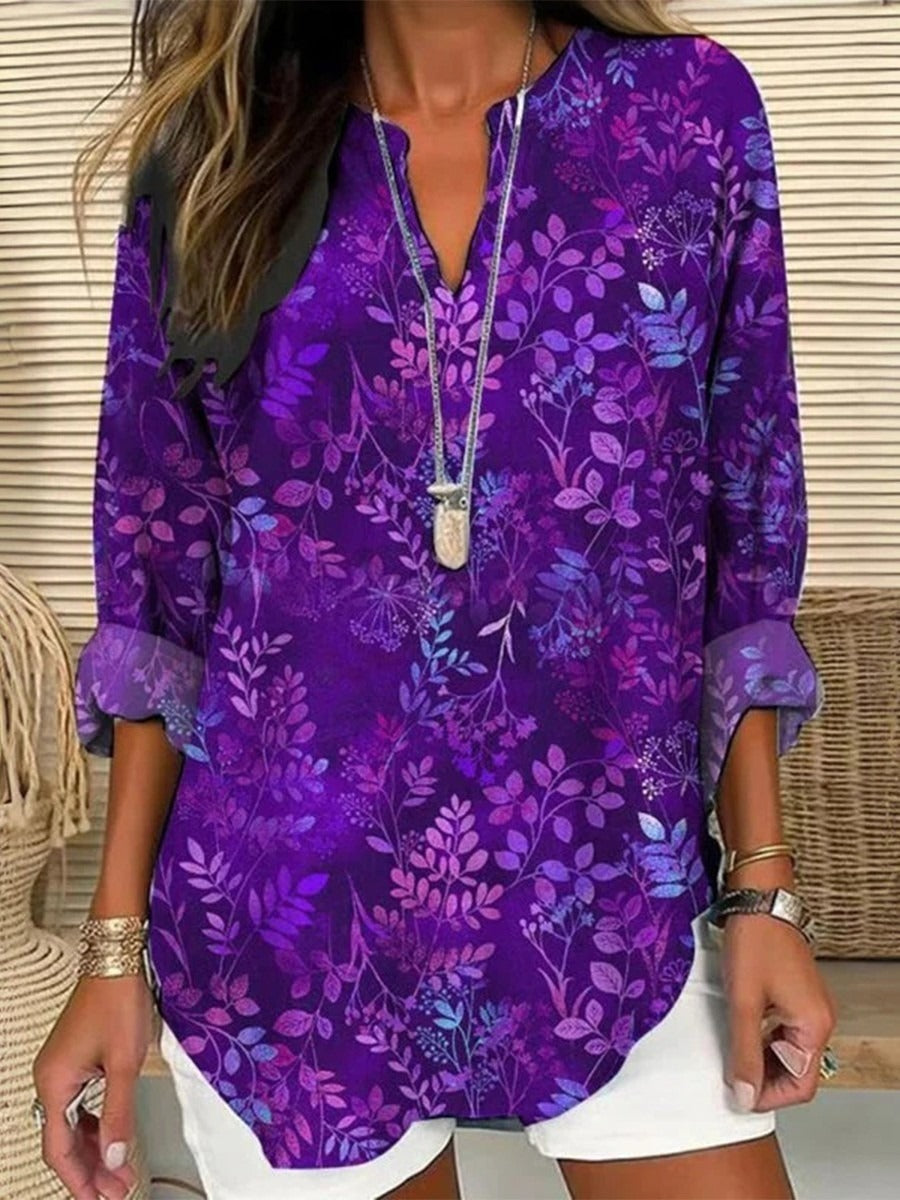 Top vintage de hojas con escote en pico y manga larga