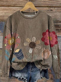 Sudadera vintage de flores con cuello redondo y manga larga