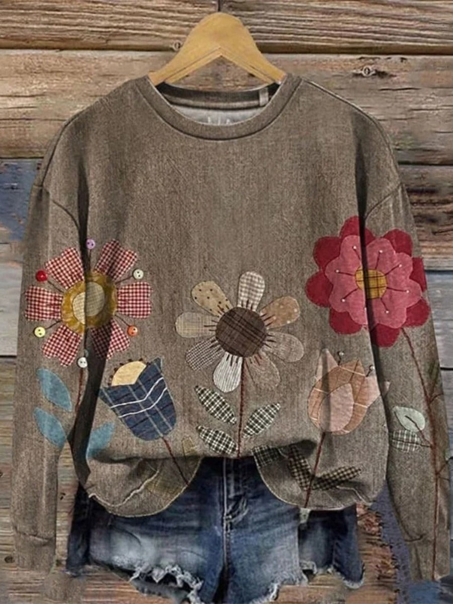 Sudadera vintage de flores con cuello redondo y manga larga