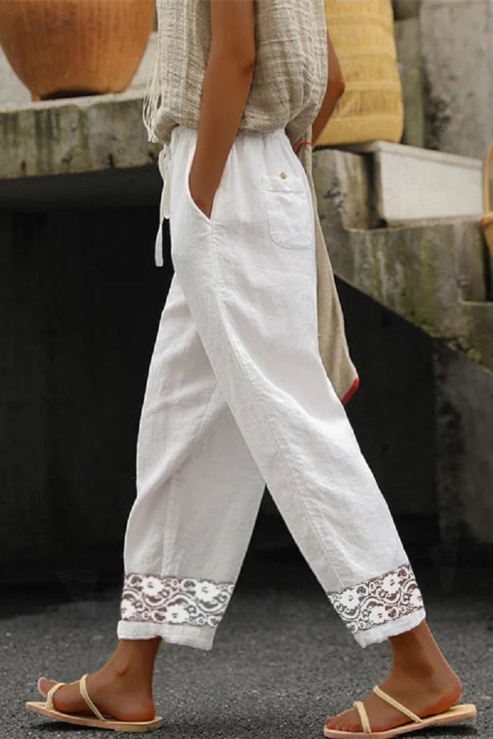 Pantalón elegante liso de encaje con cordón ajustable