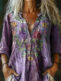 Blusa vintage holgada de flores morada con solapa y manga larga