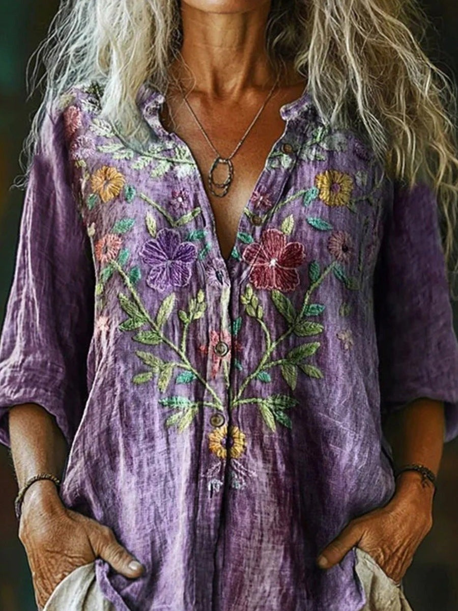 Blusa vintage holgada de flores morada con solapa y manga larga