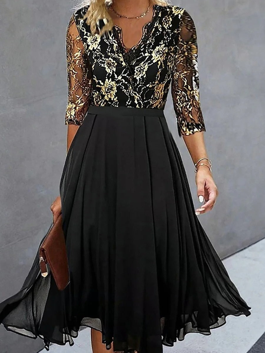 Vestido elegante midi de flores de encaje negro con escote en pico