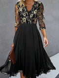 Vestido elegante midi de flores de encaje negro con escote en pico