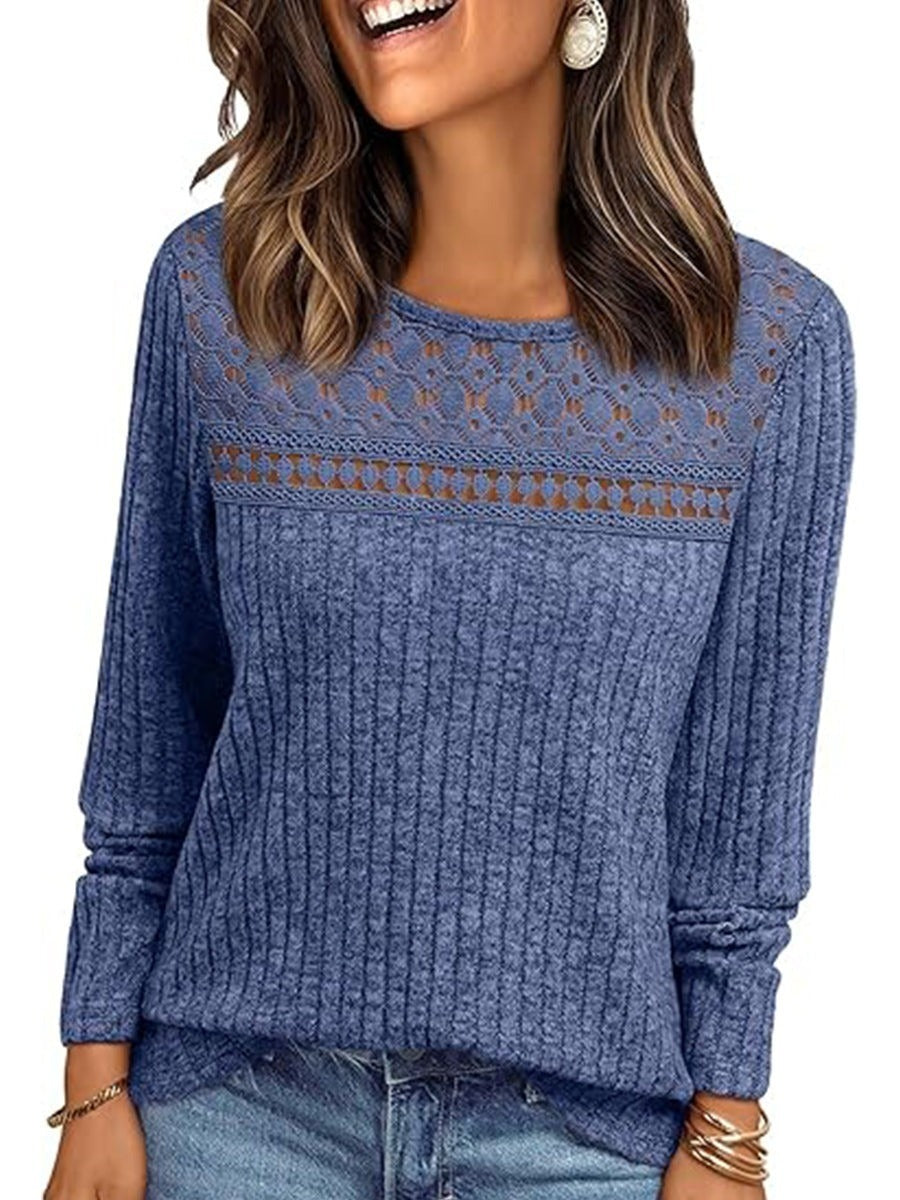 Jersey elegante liso de crochet con cuello redondo y manga larga — foto 3