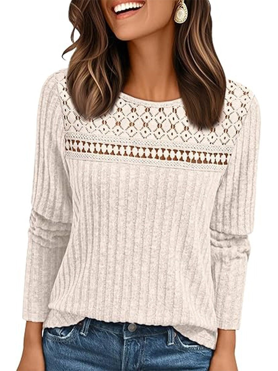 Jersey elegante liso de crochet con cuello redondo y manga larga