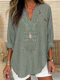 Blusa cómoda holgada de flores con escote en pico y manga larga