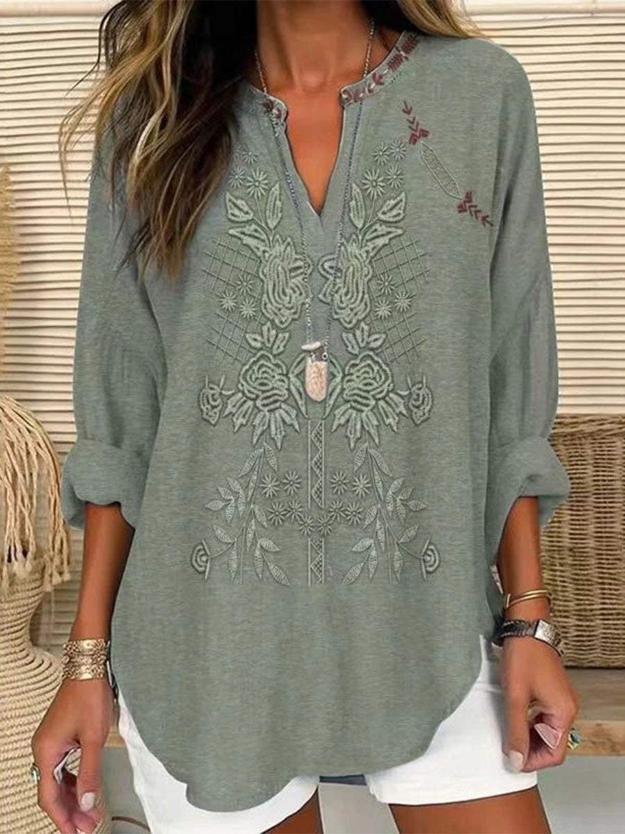 Blusa cómoda holgada de flores con escote en pico y manga larga