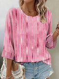 Blusa casual holgada de rayas rosa con cuello redondo y manga larga