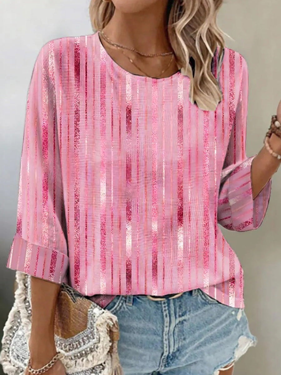 Blusa casual holgada de rayas rosa con cuello redondo y manga larga