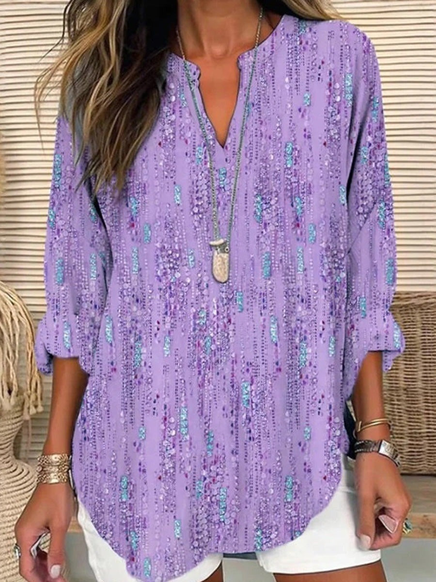 Blusa casual de lentejuelas lavanda con escote en pico y manga larga