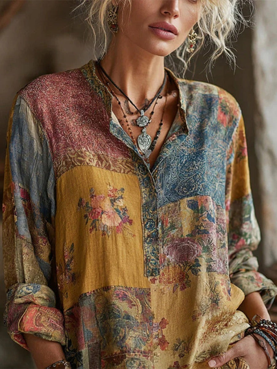 Blusa vintage holgada de flores con solapa y manga larga · Olea