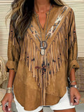 Blusa vintage holgada étnica con escote en pico, manga larga y borlas