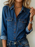 Camisa casual lisa vaquera con cuello camisero, manga larga y botones