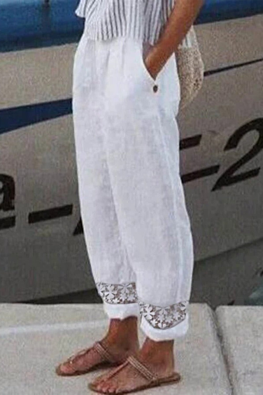 Pantalón casual liso de encaje con bolsillos