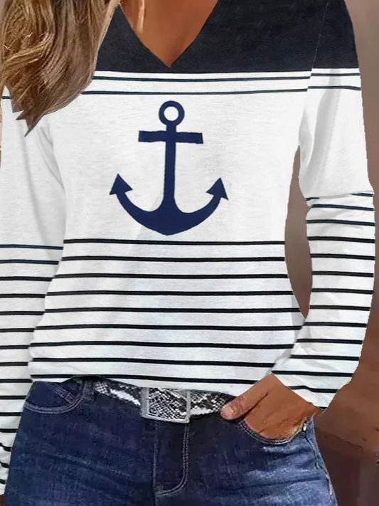 Camisa casual de rayas con escote en pico y manga larga