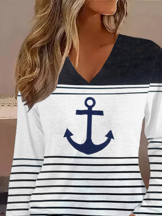 Camisa casual de rayas con escote en pico y manga larga