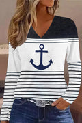 Camisa casual de rayas con escote en pico y manga larga