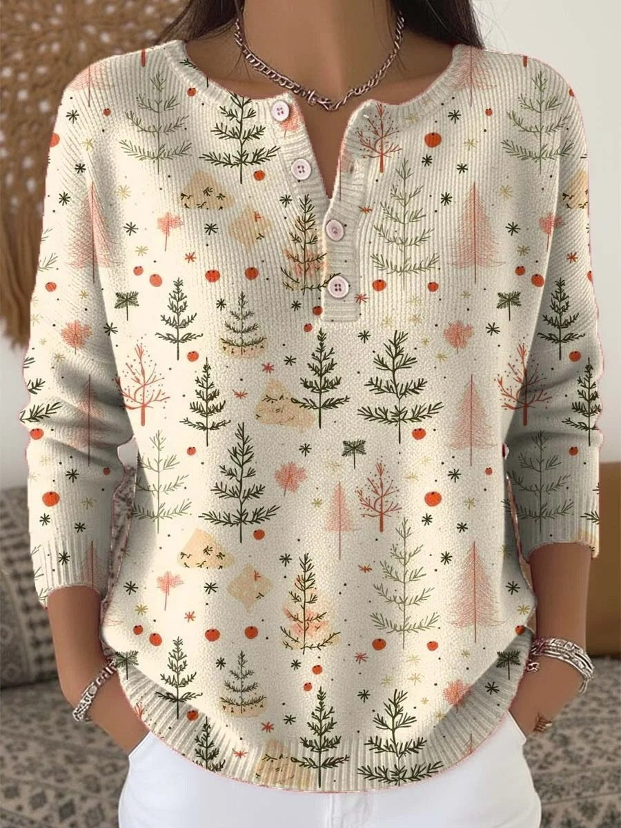 Jersey de árboles de Navidad con cuello redondo, manga larga y botones