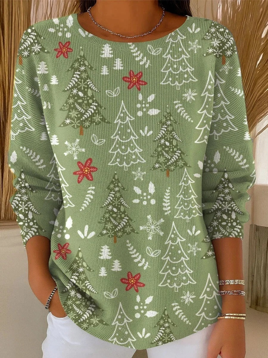Jersey casual de árboles de Navidad con cuello redondo y manga larga