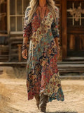 Vestido vintage largo de flores con escote en pico y manga larga