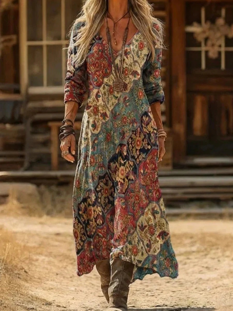 Vestido vintage largo de flores con escote en pico y manga larga