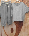 Conjunto de dos piezas de rayas con cuello redondo y manga francesa