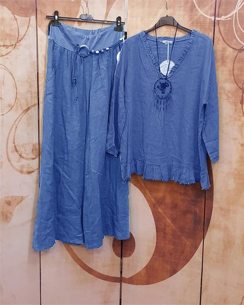 Conjunto casual de dos piezas liso con escote en pico y manga larga · Ona