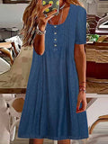 Vestido midi holgado vaquero con cuello redondo, manga corta y botones