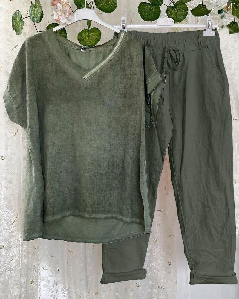 Conjunto casual de dos piezas liso con escote en pico y manga corta · Xia