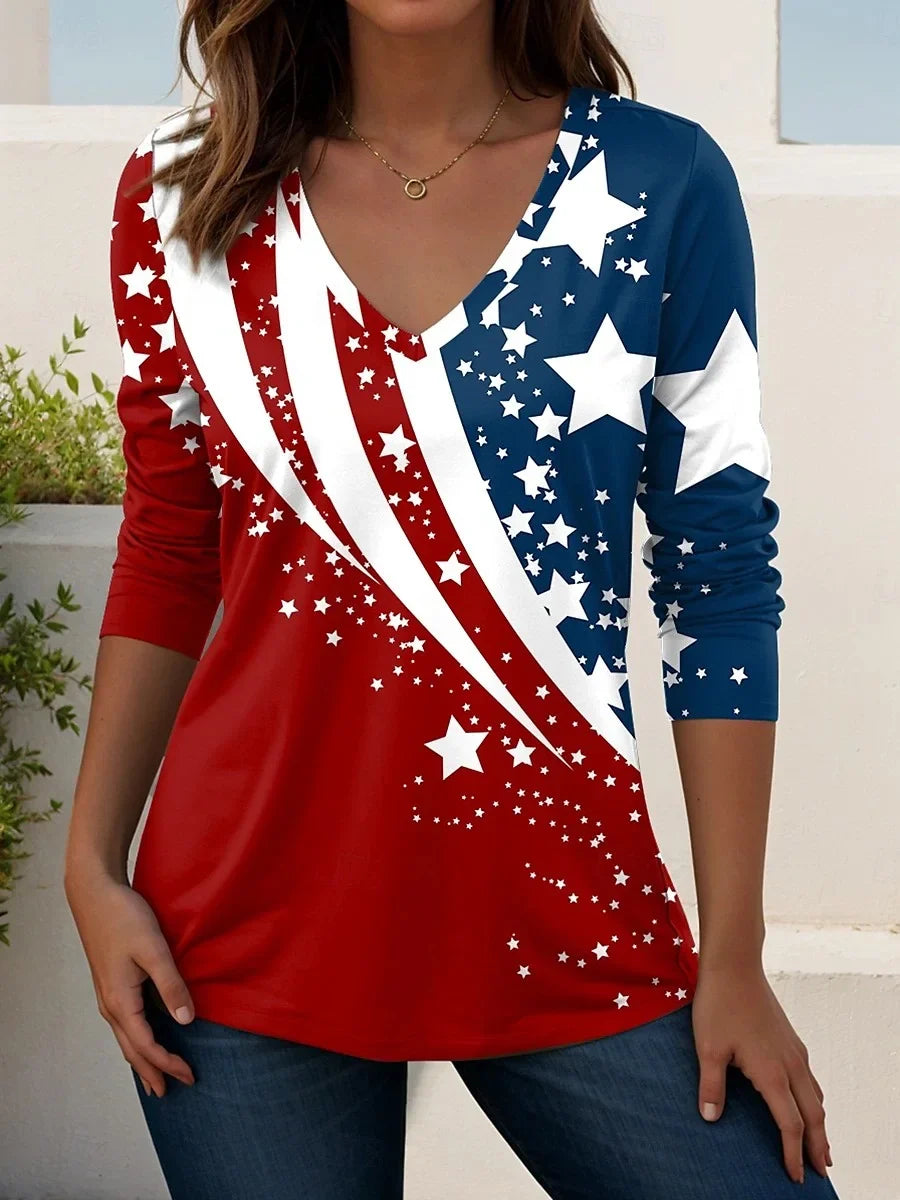 Camisa estampada con escote en pico y manga larga