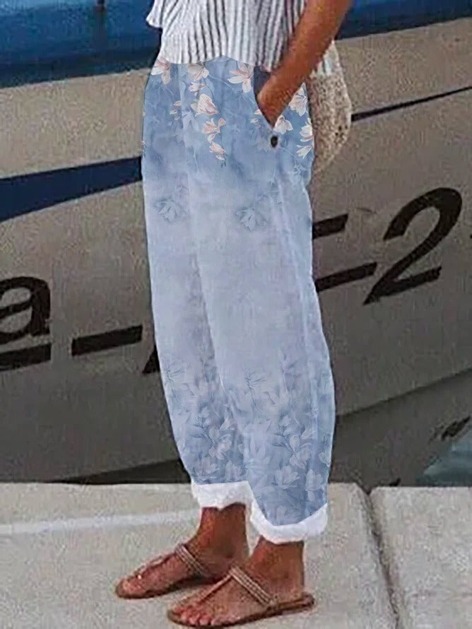 Pantalón casual holgado de flores de bambú