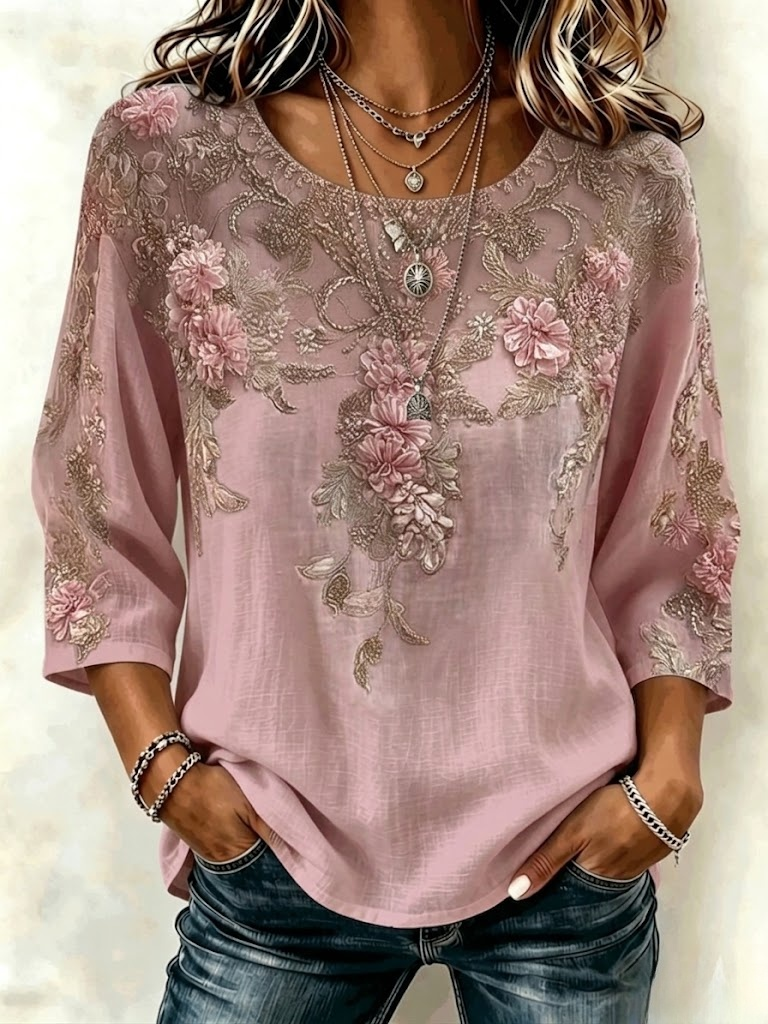 Blusa boho holgada de flores con cuello redondo